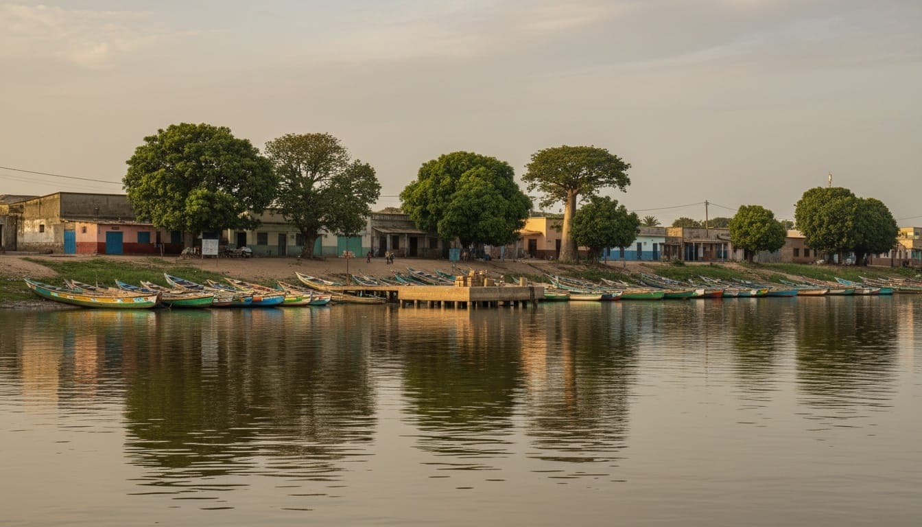 Ziguinchor vue depuis le fleuve Casamance en fin d'après-midi, pirogues alignées le long de la berge