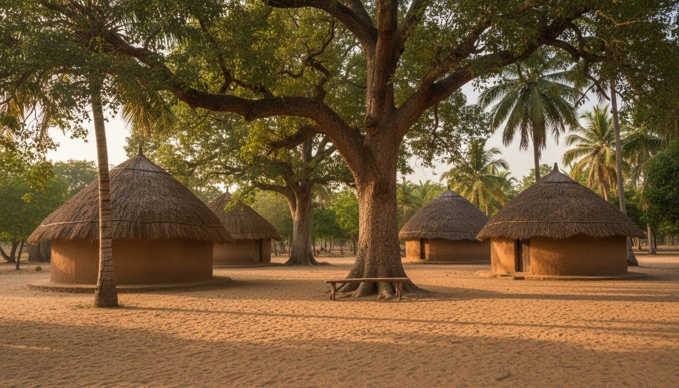 Cases au toit de chaume autour d'une cour de sable, dans l'esprit d'un campement villageois casamançais