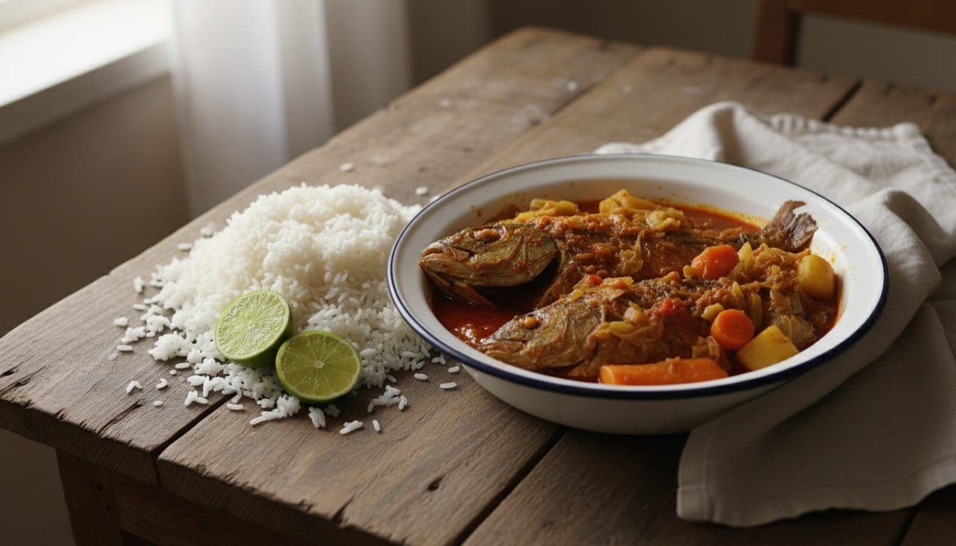 Un caldou servi dans un plat émaillé : poisson mijoté à l'huile de palme, légumes, riz blanc et citron vert
