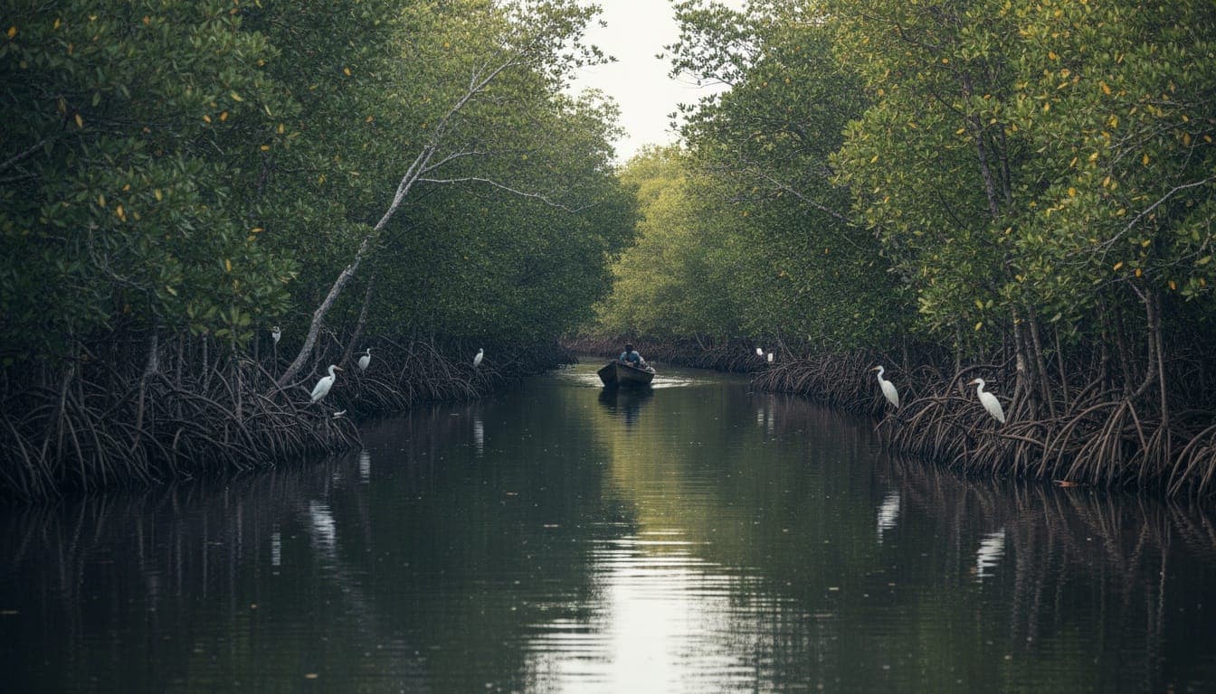 Une pirogue avance dans un bolong resserré entre deux rives de palétuviers, aigrettes posées sur les racines