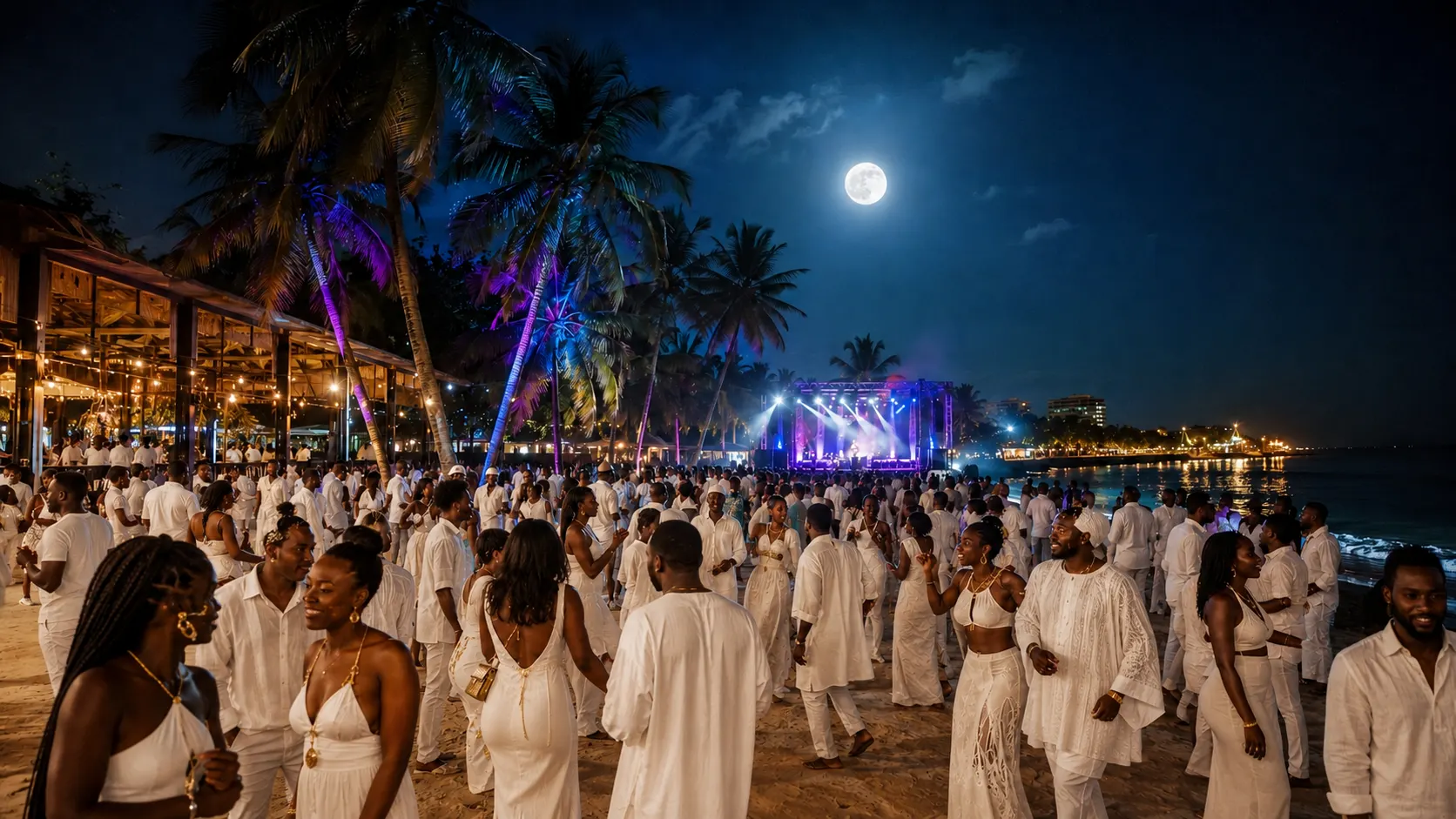 La plage de Cap Skirring sous la pleine lune, foule en tenue blanche