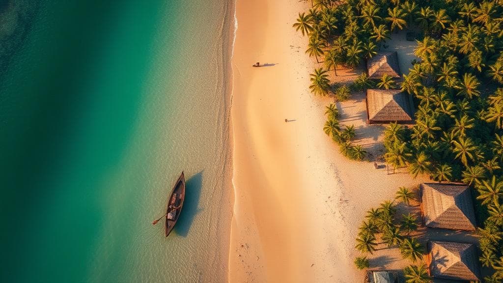 Vue aérienne d'une plage de Casamance, pirogue et cases sous les cocotiers