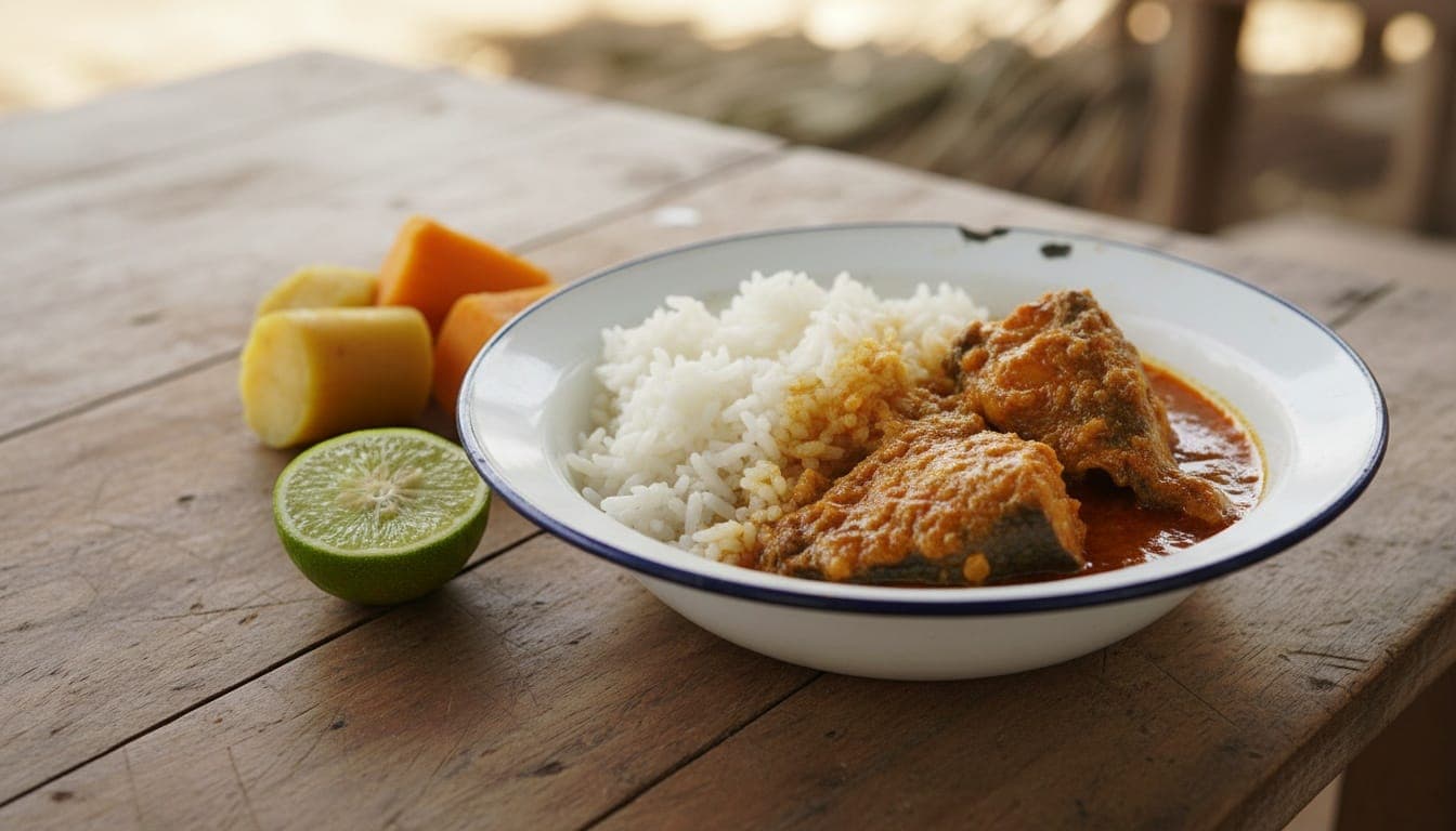 Plat de riz et de poisson en sauce à l'huile de palme, avec un demi-citron vert, posé sur une table en bois