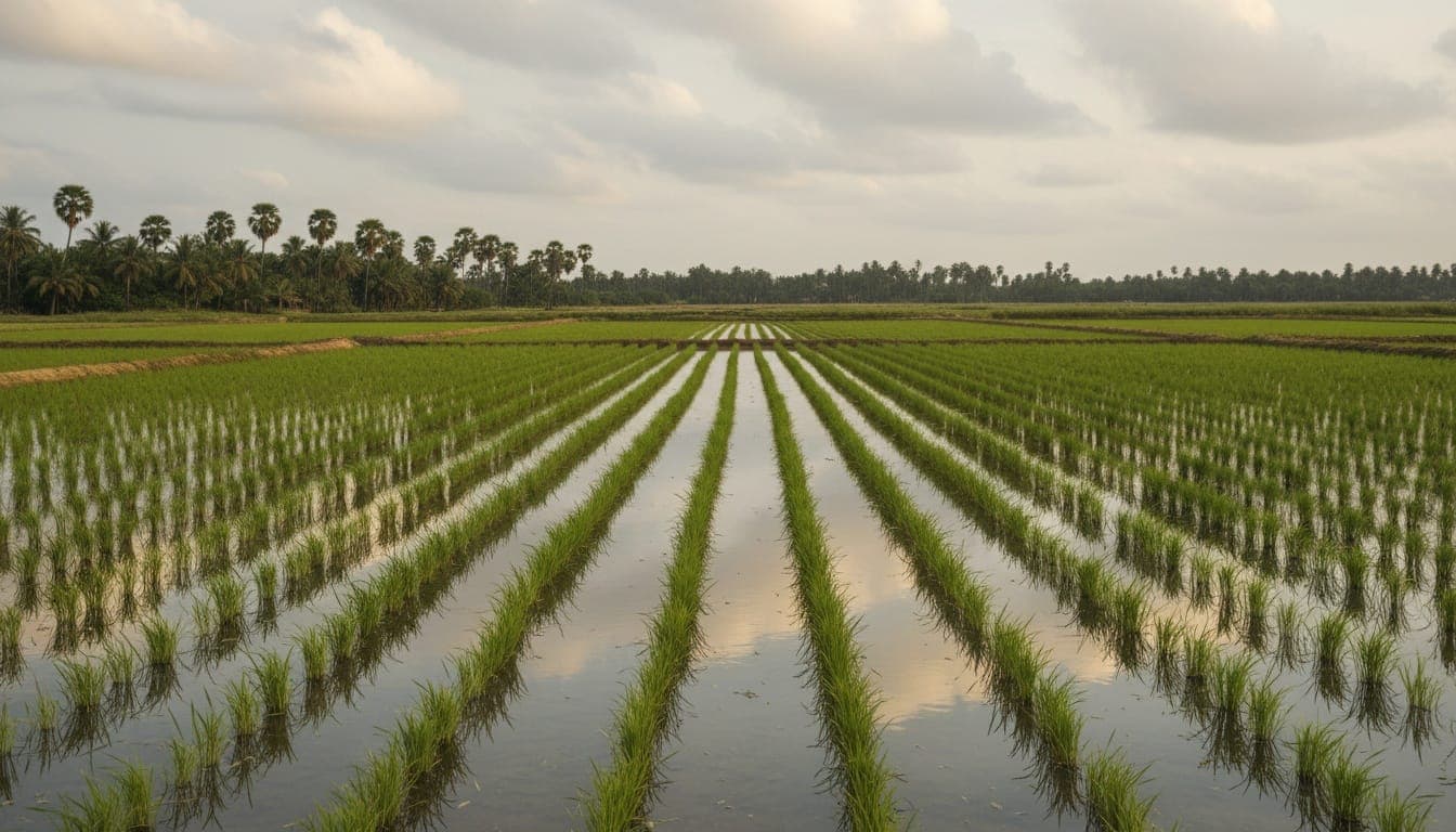 Rizière en eau sous un ciel chargé, jeunes plants de riz alignés, palmiers à l'arrière-plan.