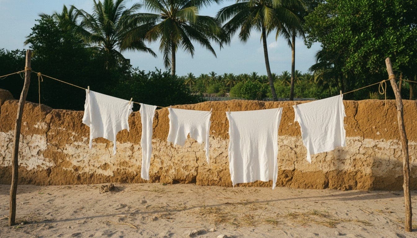 Des tissus de coton blanc séchant sur une corde devant un mur de banco, sable clair au premier plan.