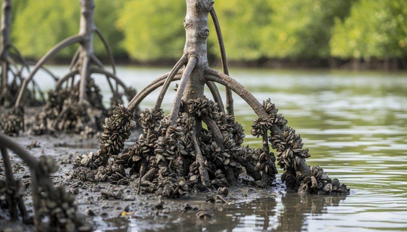 Racines de palétuvier découvertes à marée basse, couvertes de grappes d'huîtres