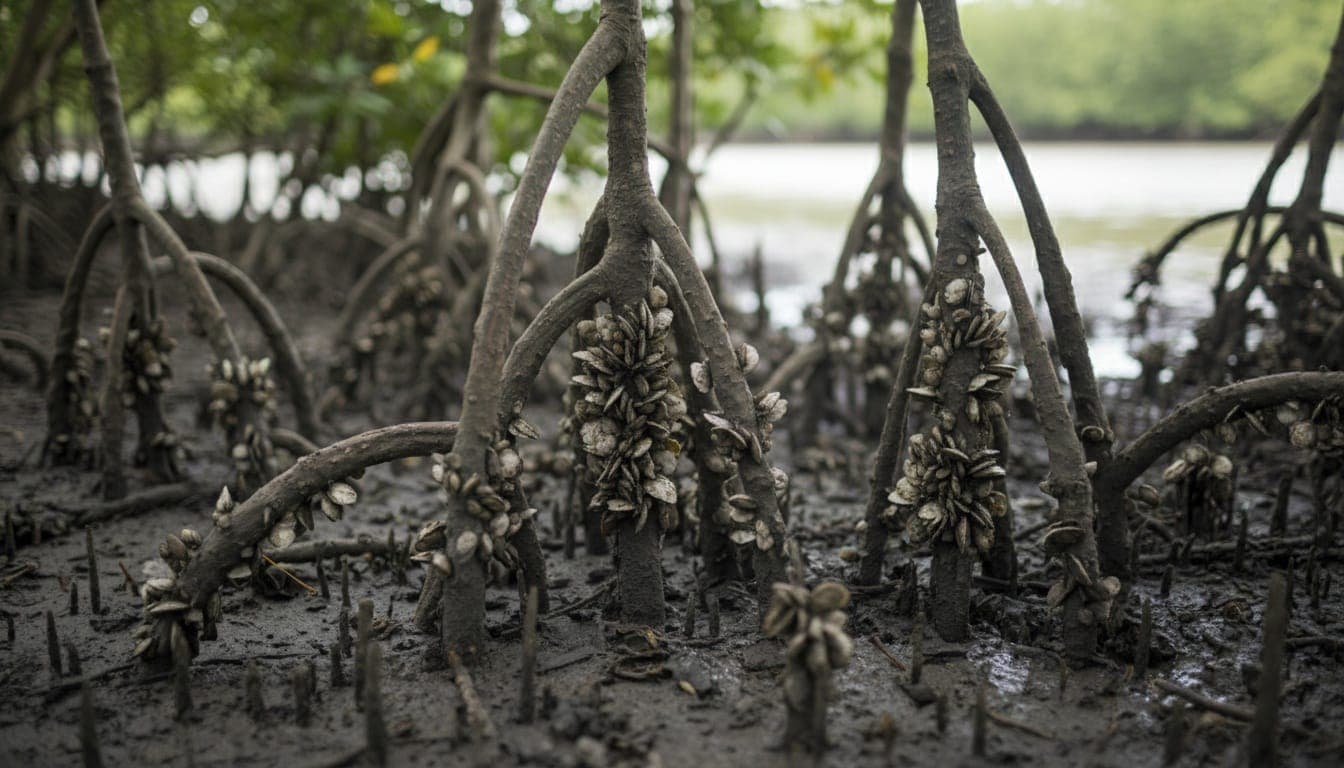 Racines de palétuviers découvertes à marée basse, couvertes de grappes d'huîtres de mangrove