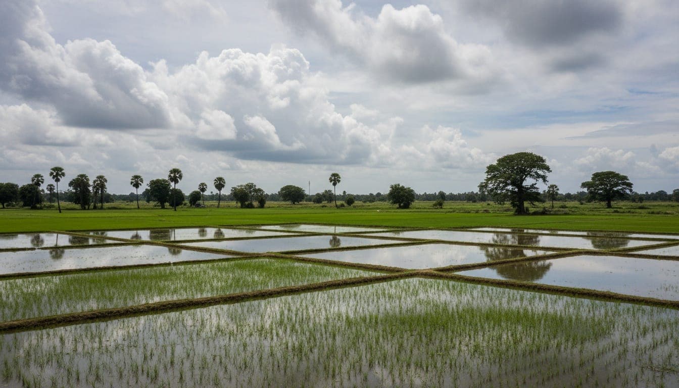 Rizières inondées de Basse-Casamance sous un ciel d'hivernage, rôniers et fromagers en lisière
