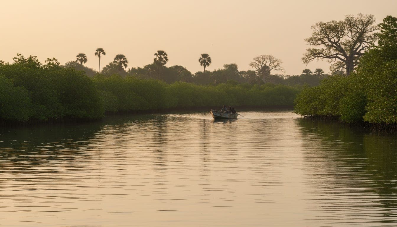 Un bolong de Basse-Casamance au soleil couchant : une pirogue traverse le bras de mer entre deux rives de mangrove
